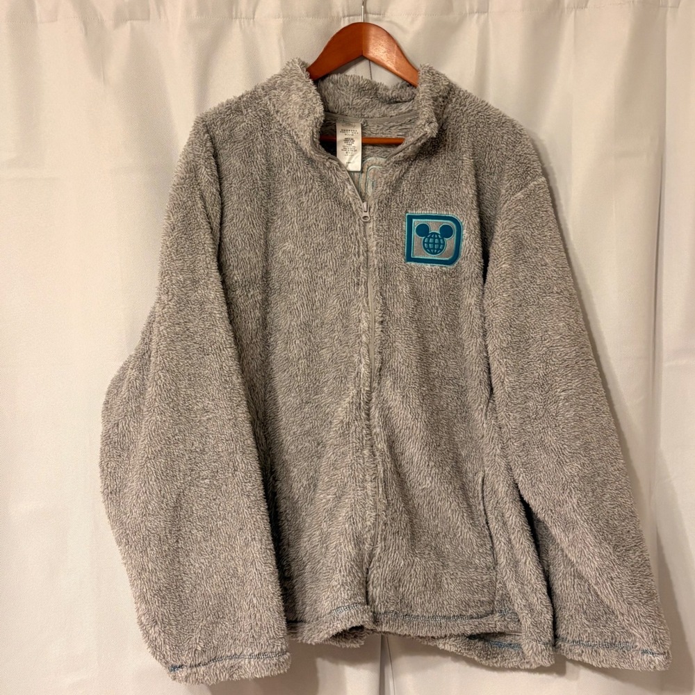 Walt Disney World Grey Sherpa Fleece Zip Up Jacket Teal Embroidery Womens 3X